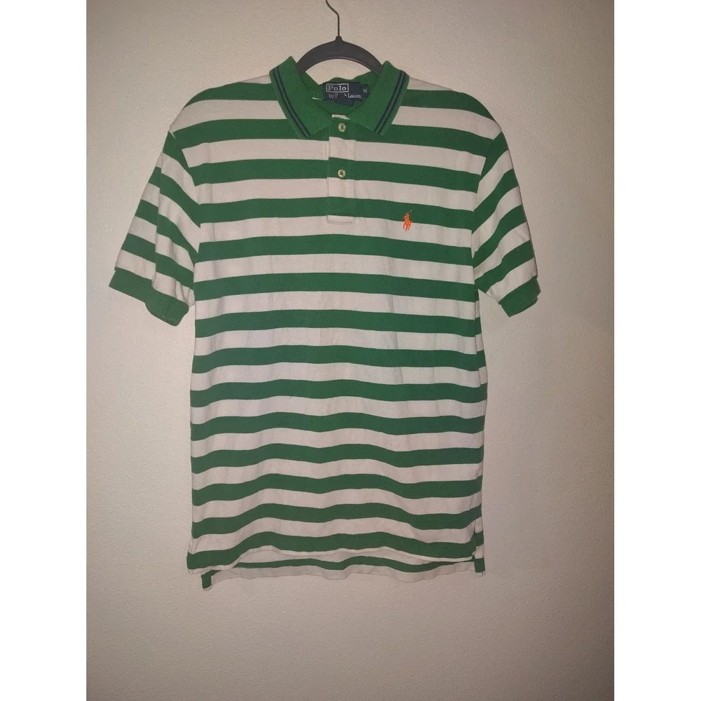 Polo Ralph Lauren Mens Green White Striped Short Sleeve Polo Shirt Orange Pony M